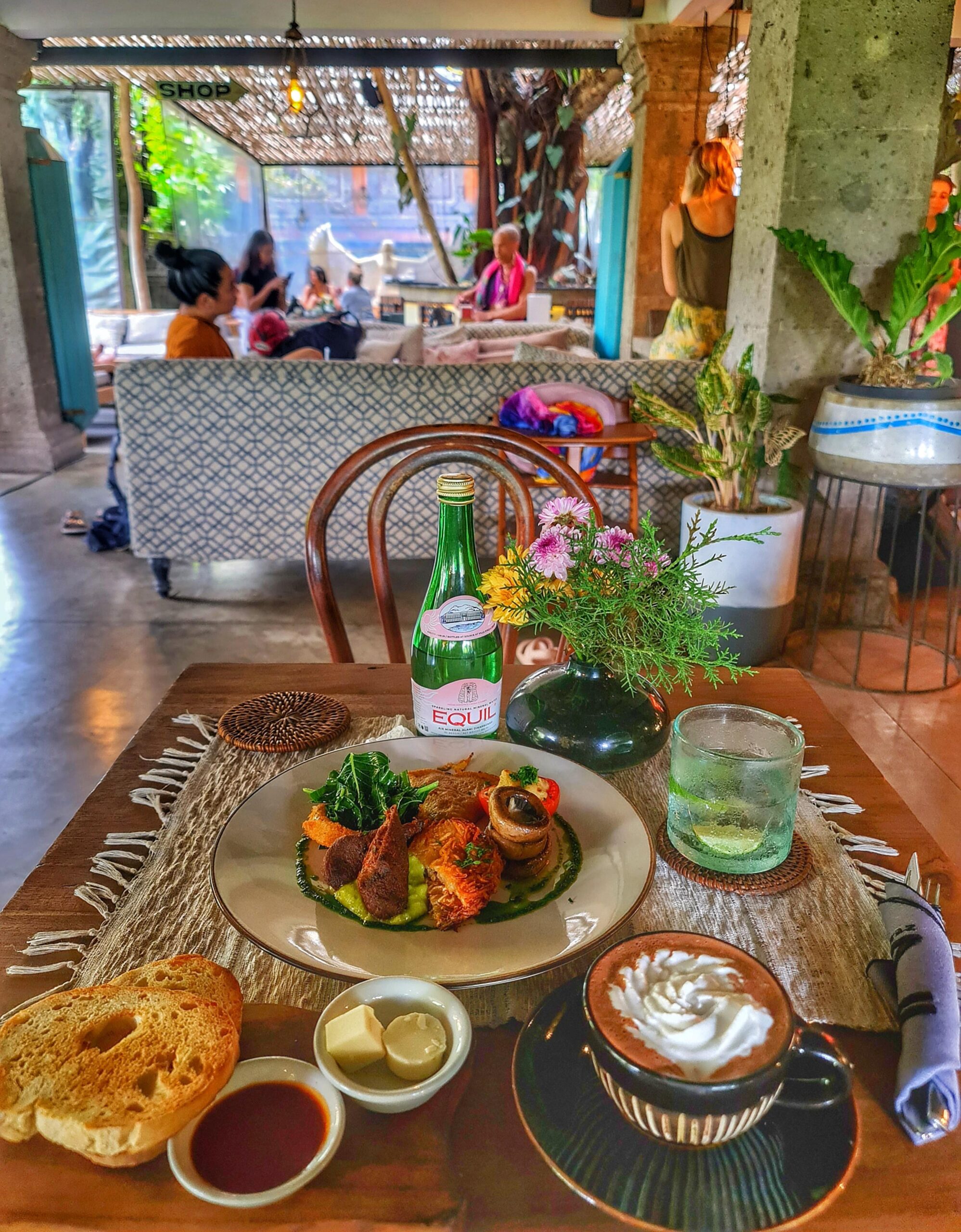 Beautiful plant-based dish with ceremonial cacao at Zest Ubud