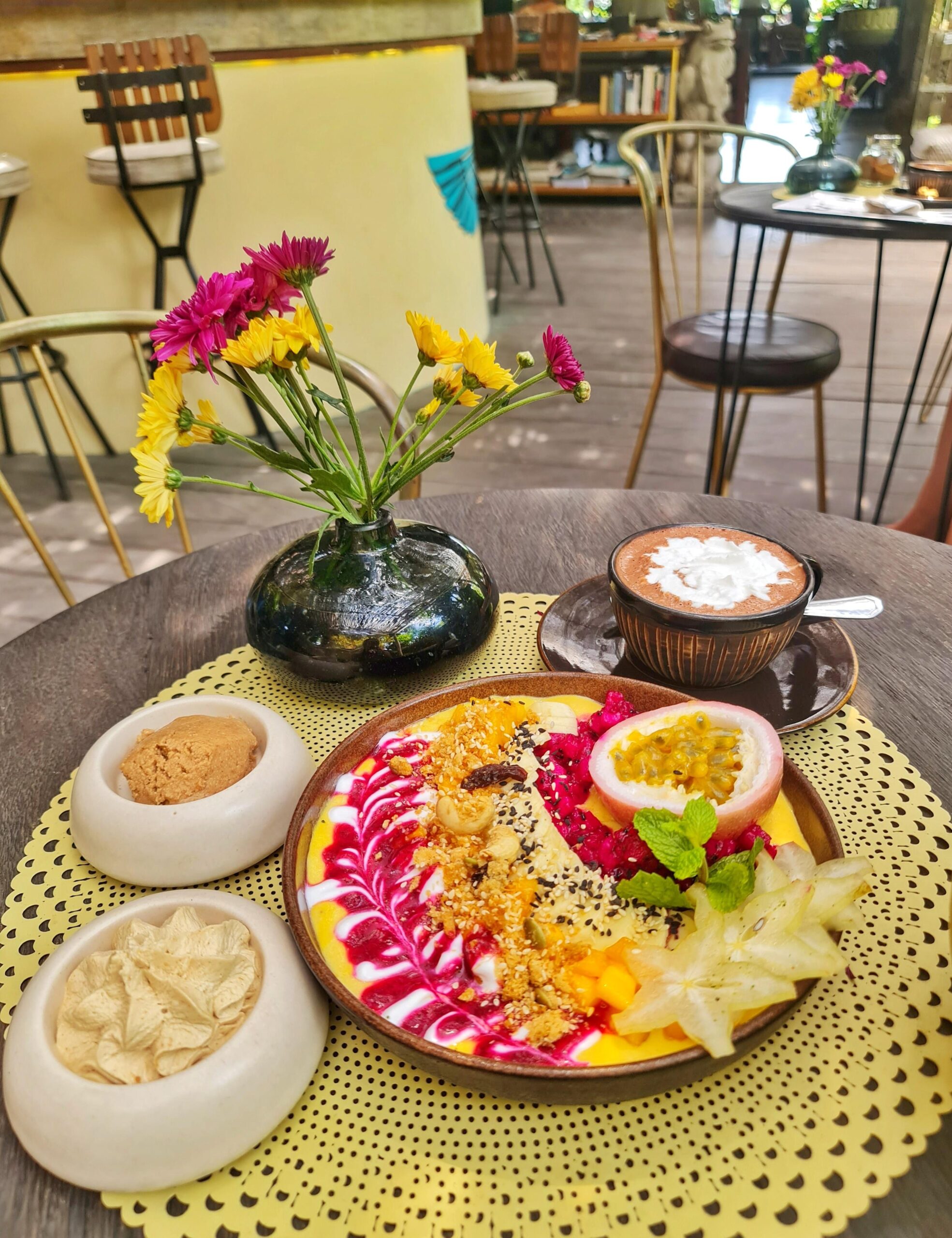 Healthy vegan meal plated at a restaurant, featuring fresh, plant-based ingredients