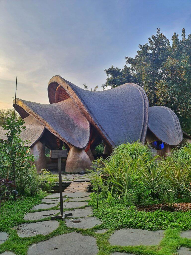 Exterior view of a yoga and meditation center in Ubud surrounded by greenery