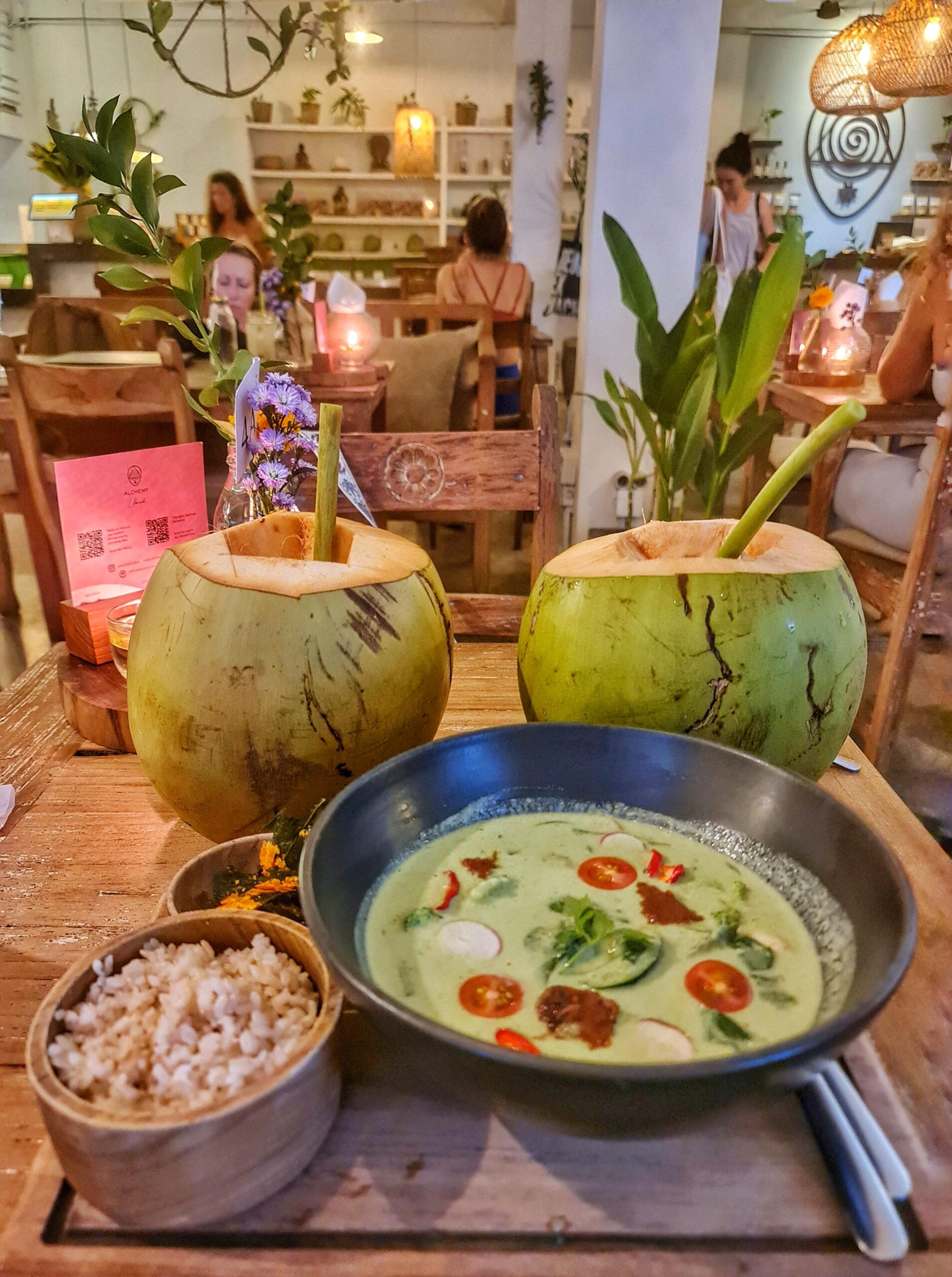Healthy vegan dishes served at a restaurant with fresh ingredients and colorful presentation