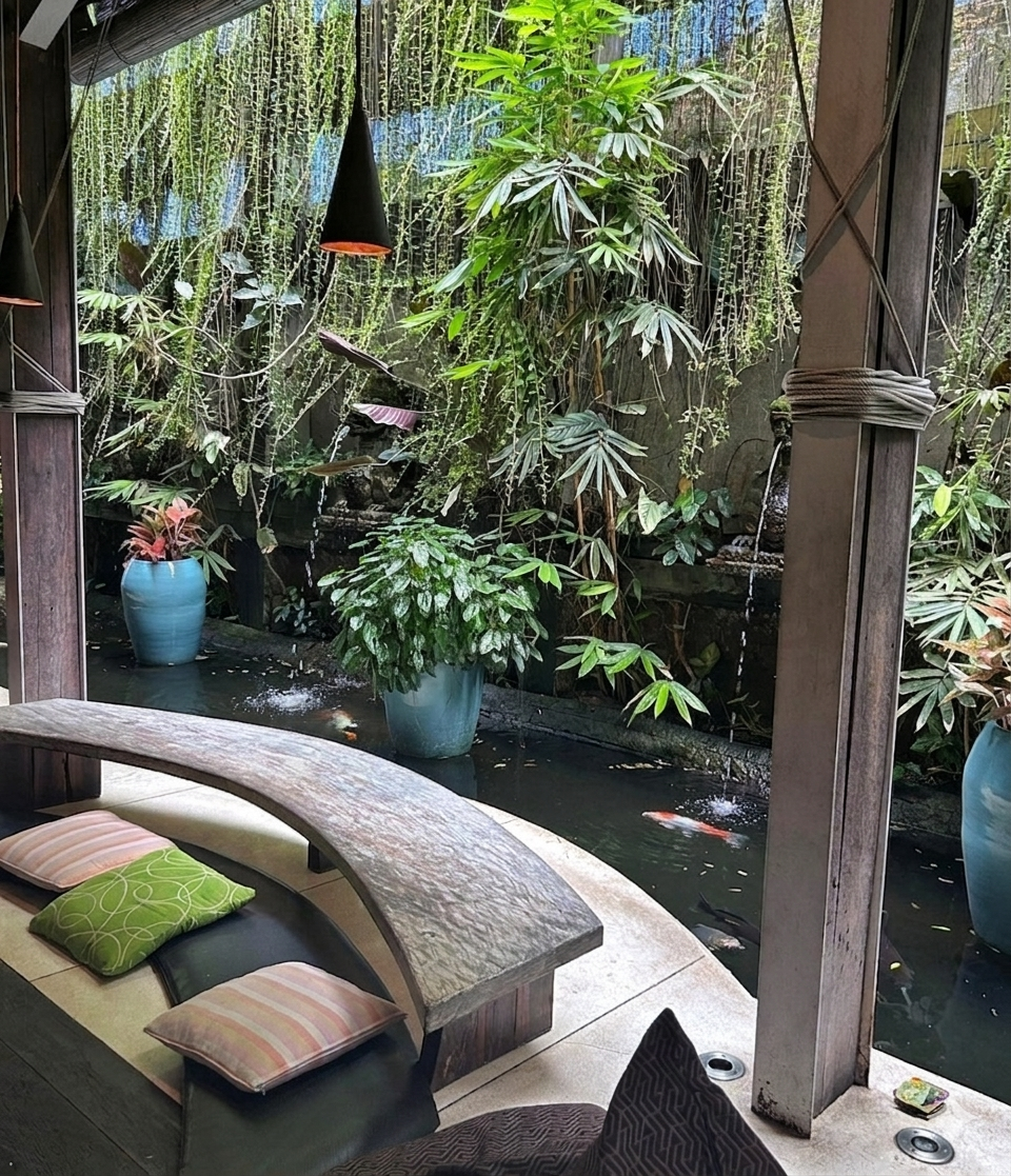 Nice greenery view at Clear caffe with fountains