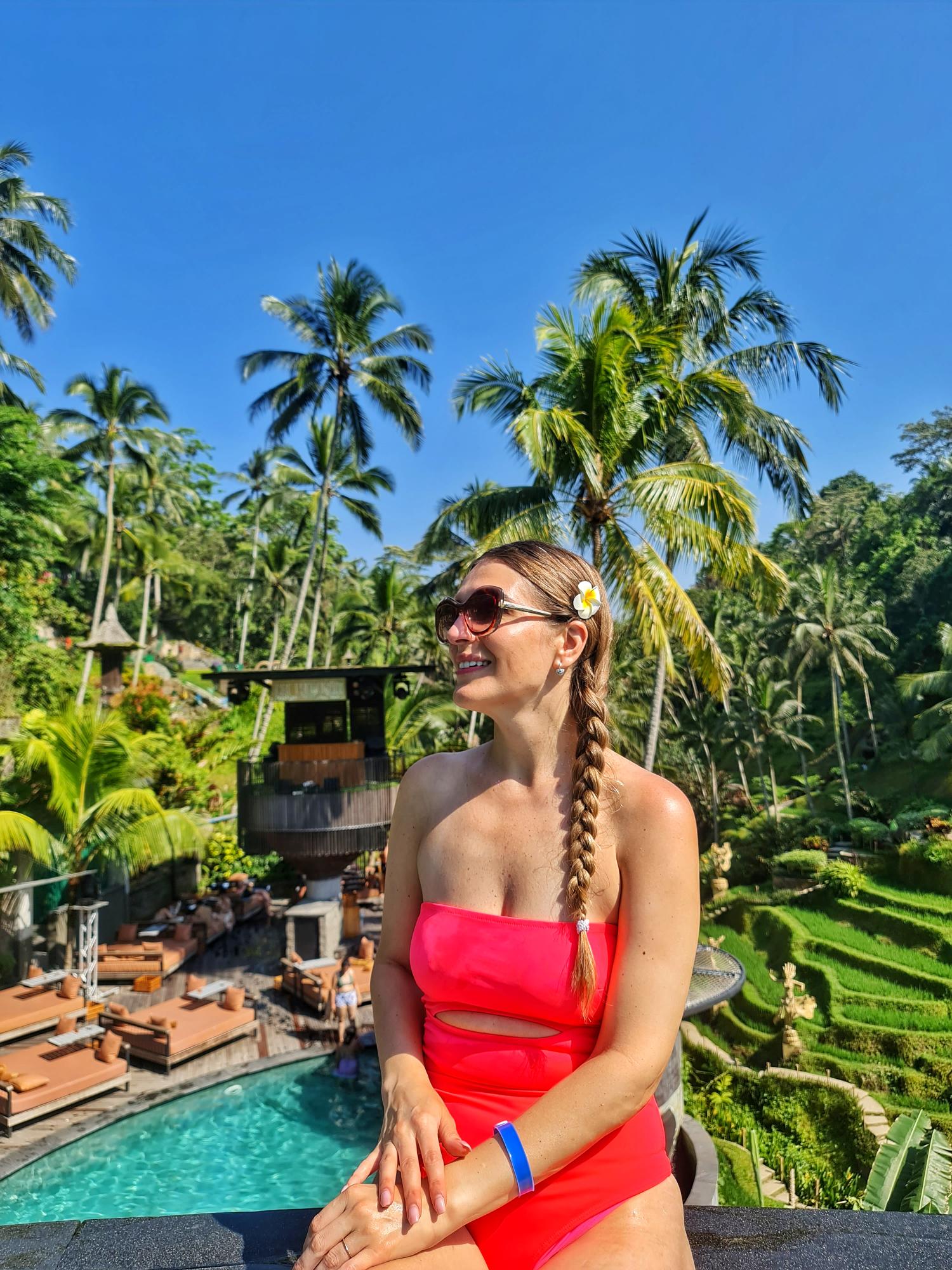 Infinity-style pool in Ubud Bali with jungle backdrop and peaceful ambiance