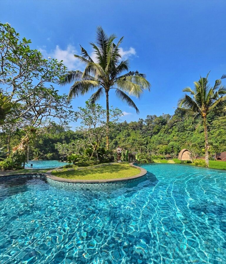 Pool area at Mandapa, a Ritz Carlton Reserve in Ubud surrounded by lush palm trees and tropical greneery