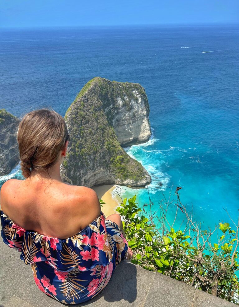 Scenic beach and rugged limestone cliffs on Nusa Island Bali