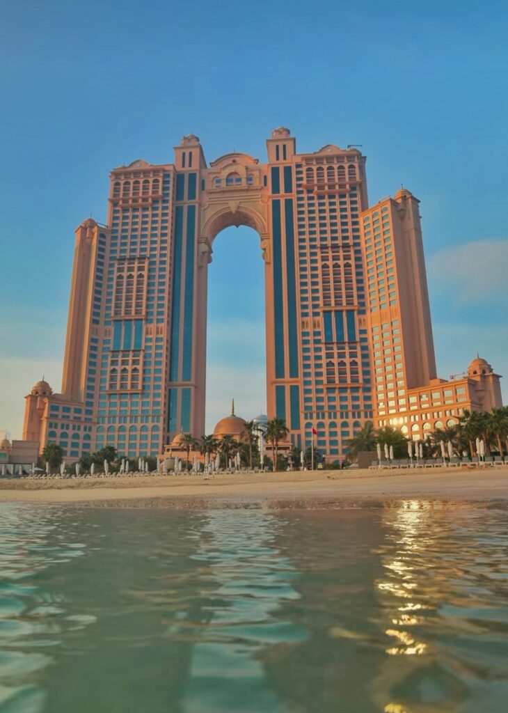 Sheikh Zayed Grand Mosque Exterior view of Rixos hotel Marina Abu Dhabi