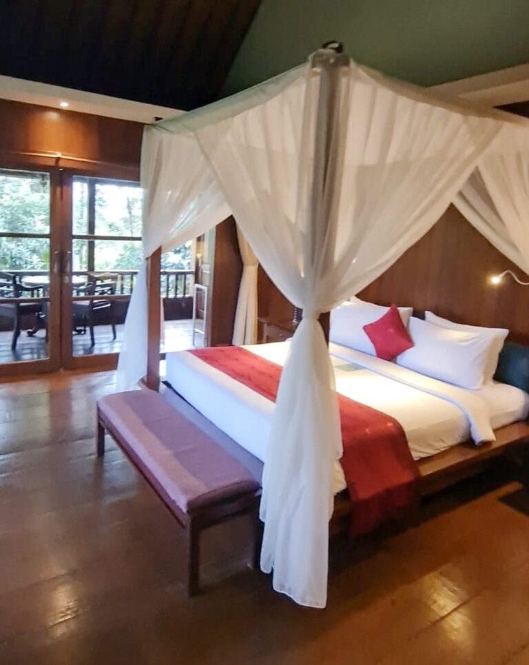 Infinity pool in Bali overlooking lush green rice fields in a tropical setting