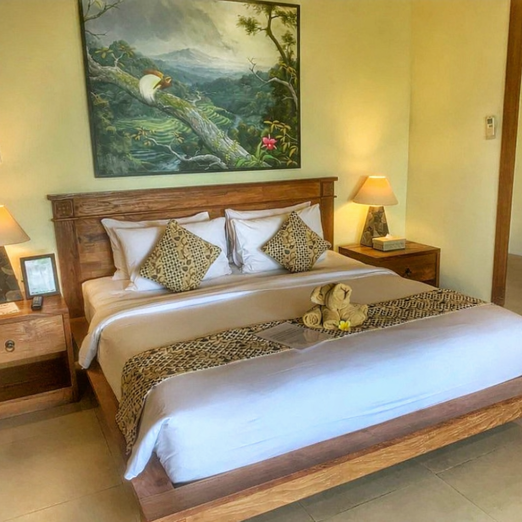 Hotel room in Bali with a neatly arranged bed decorated with towel art