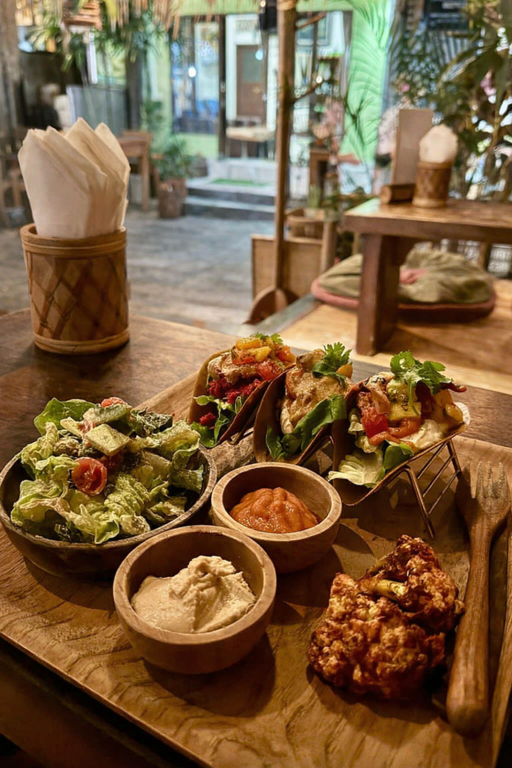 Table with nice healthy choices of food with street view