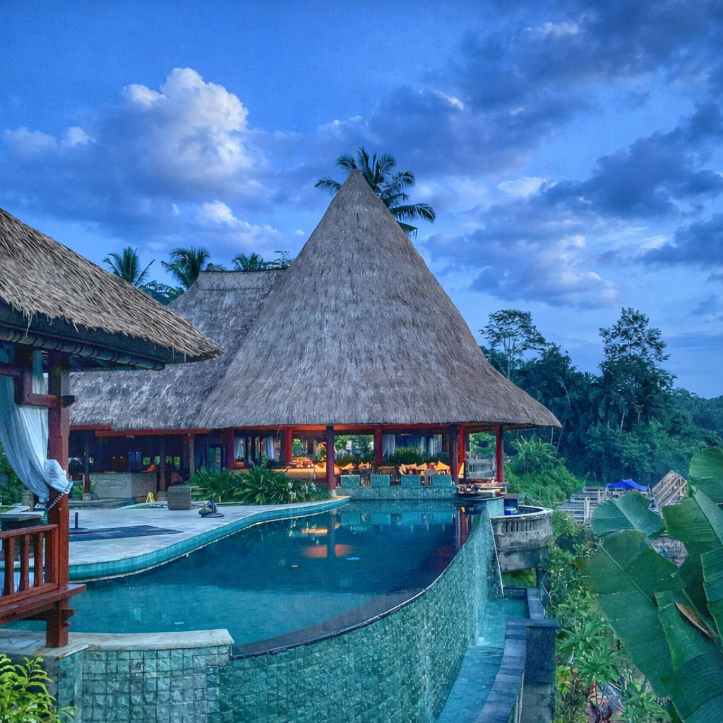 Luxury pool area in Bali with elegant restaurant setting and lush surroundings