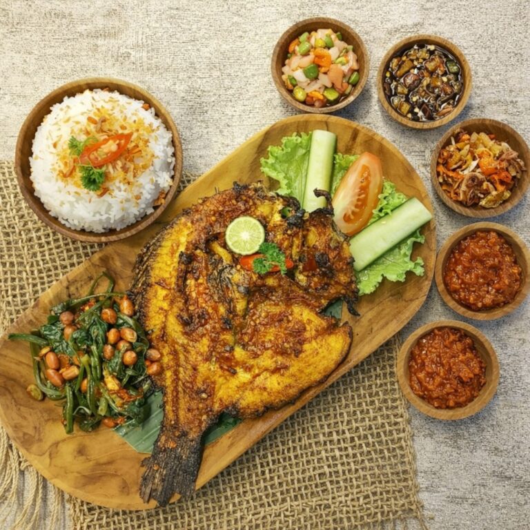Healthy Indonesian meal with fresh fish and rice served in a traditional setting