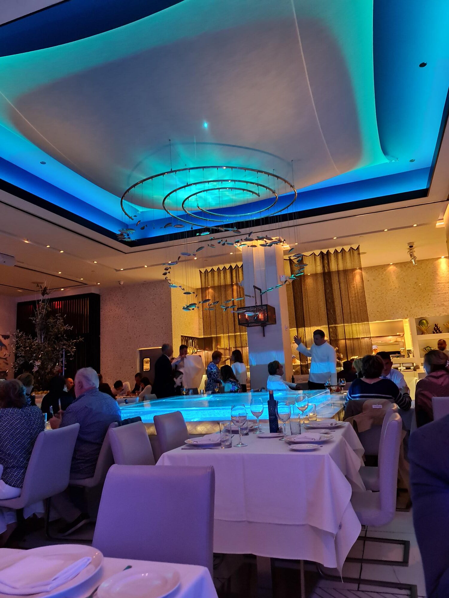 Interior of Limani Greek restaurant in New York City with elegant Mediterranean design.