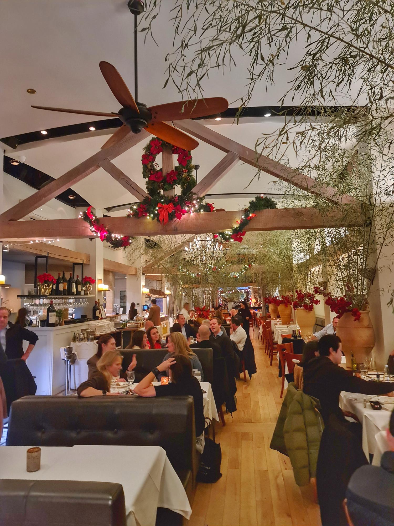 Festive restaurant interior with Christmas decor