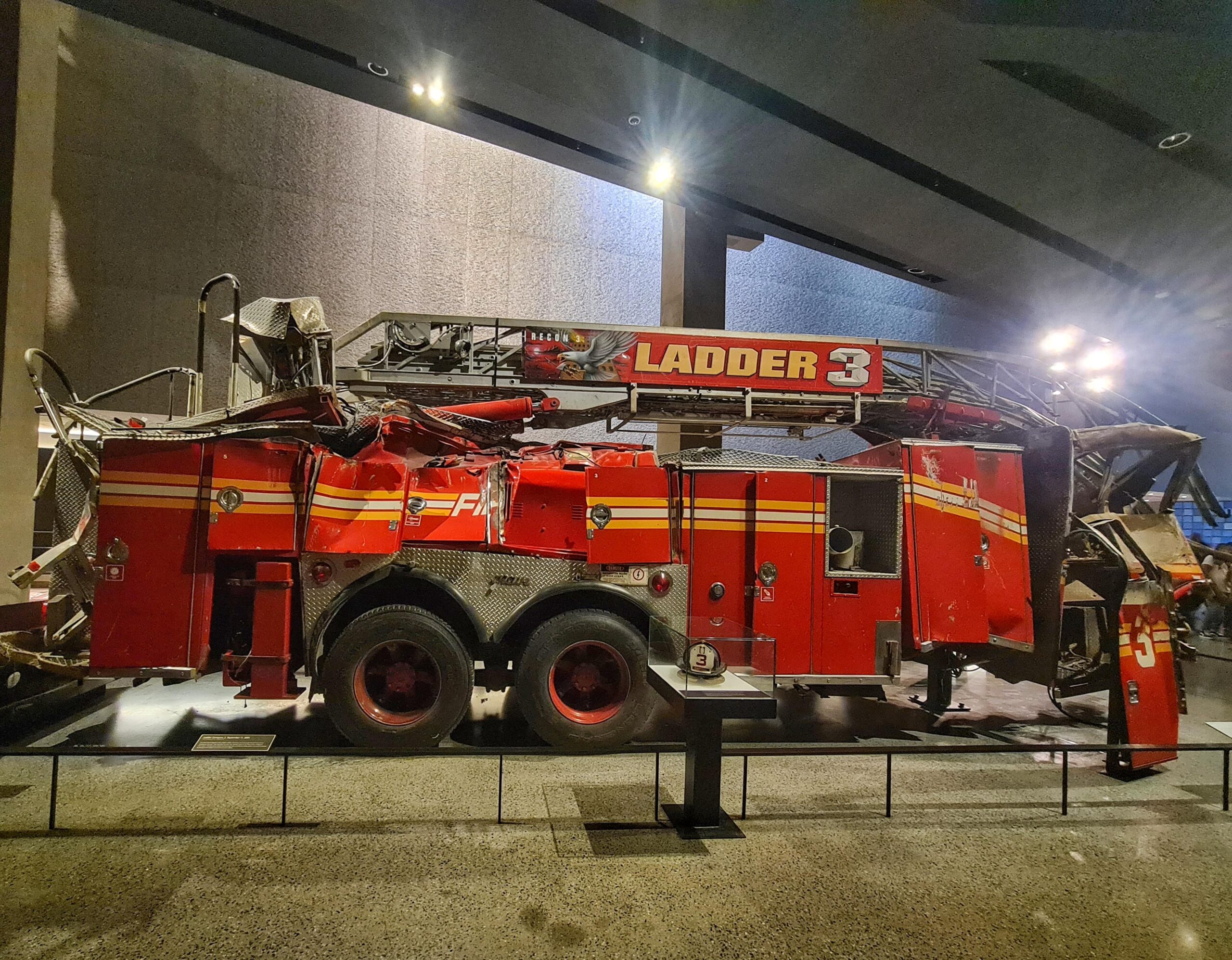 Damaged FDNY fire truck displayed at the 9/11 Memorial Museum