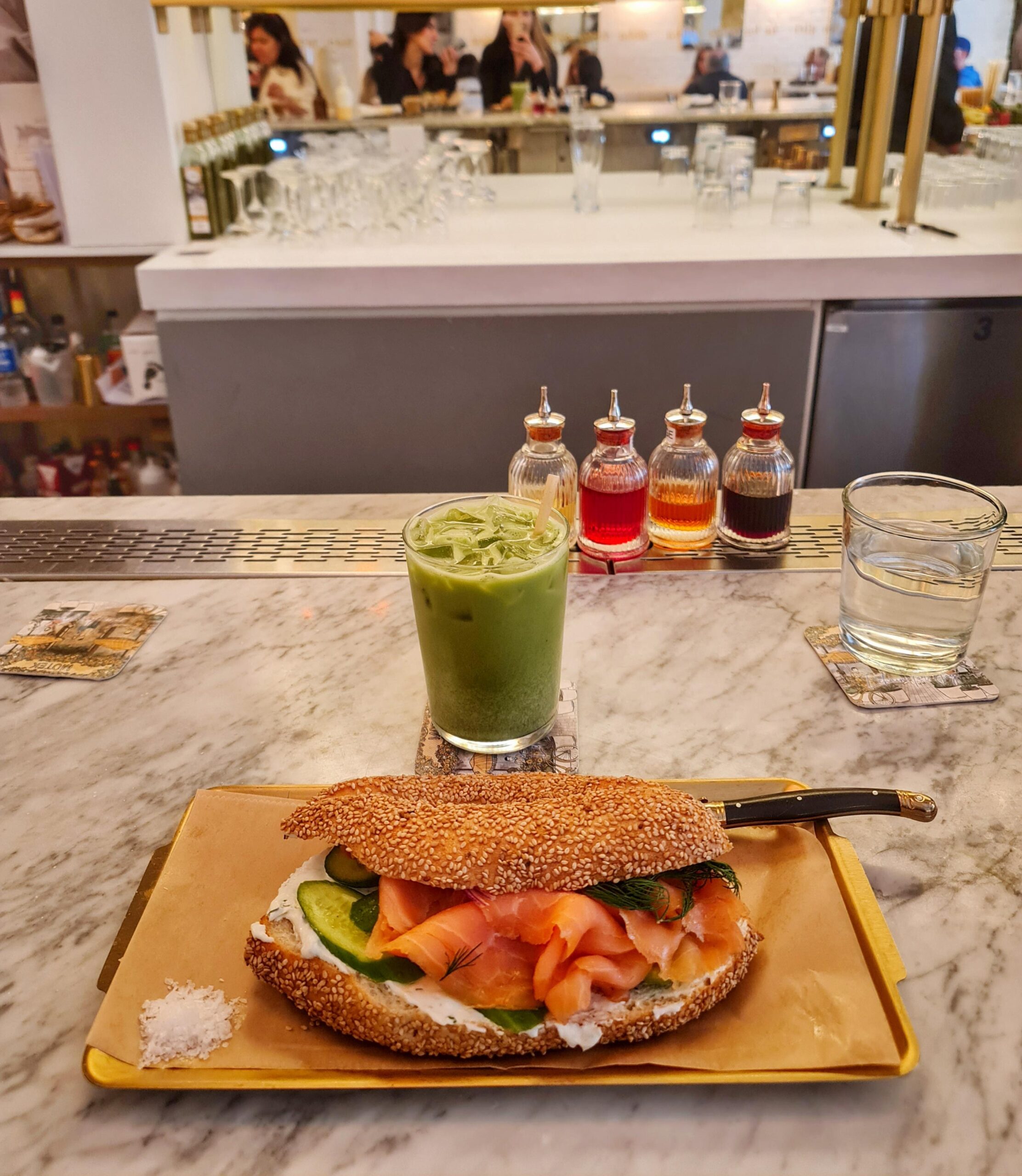 Selection of Mediterranean dishes served at a restaurant bar.
