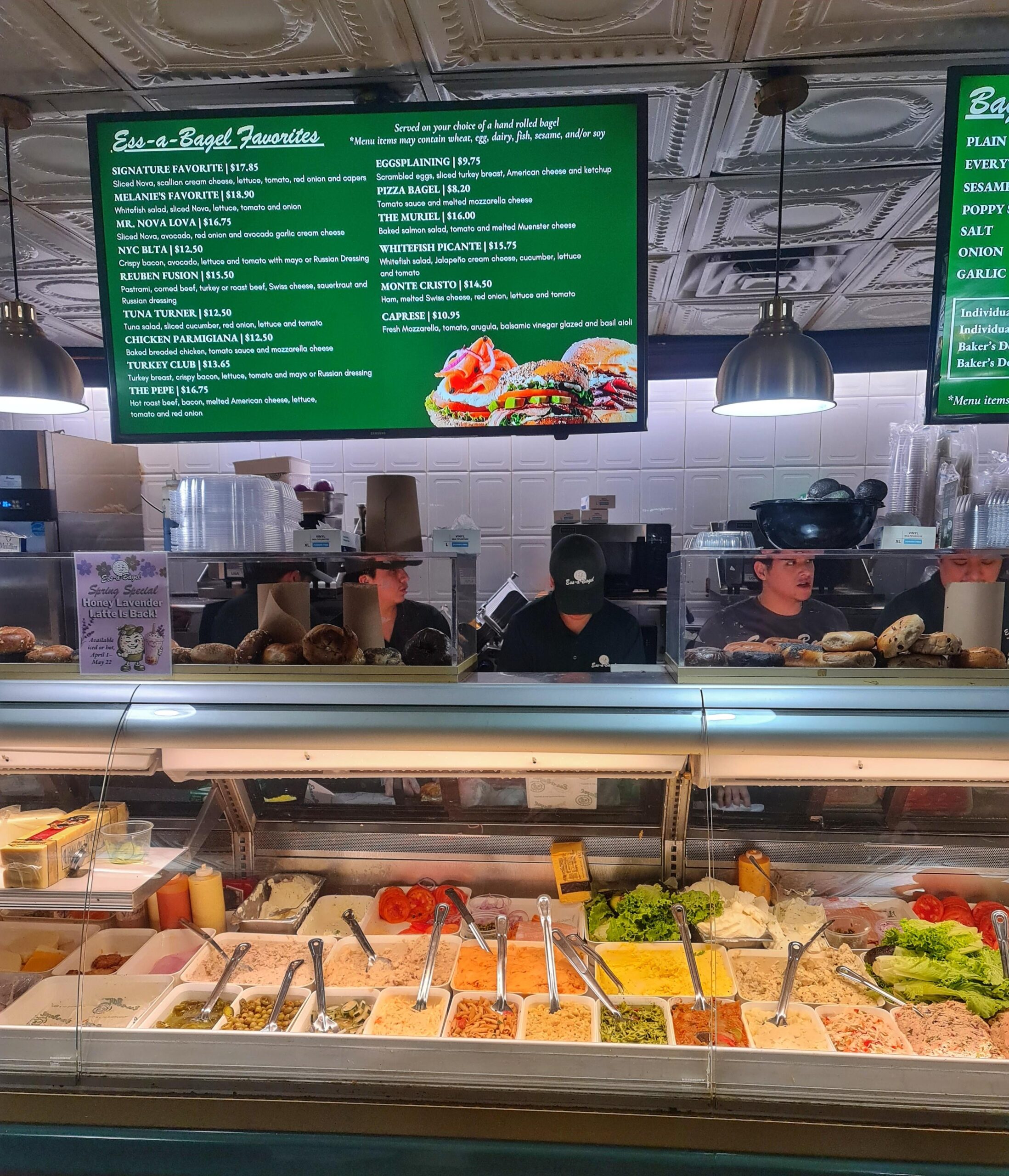 Close-up of fresh ingredients and fillings displayed in a New York café.