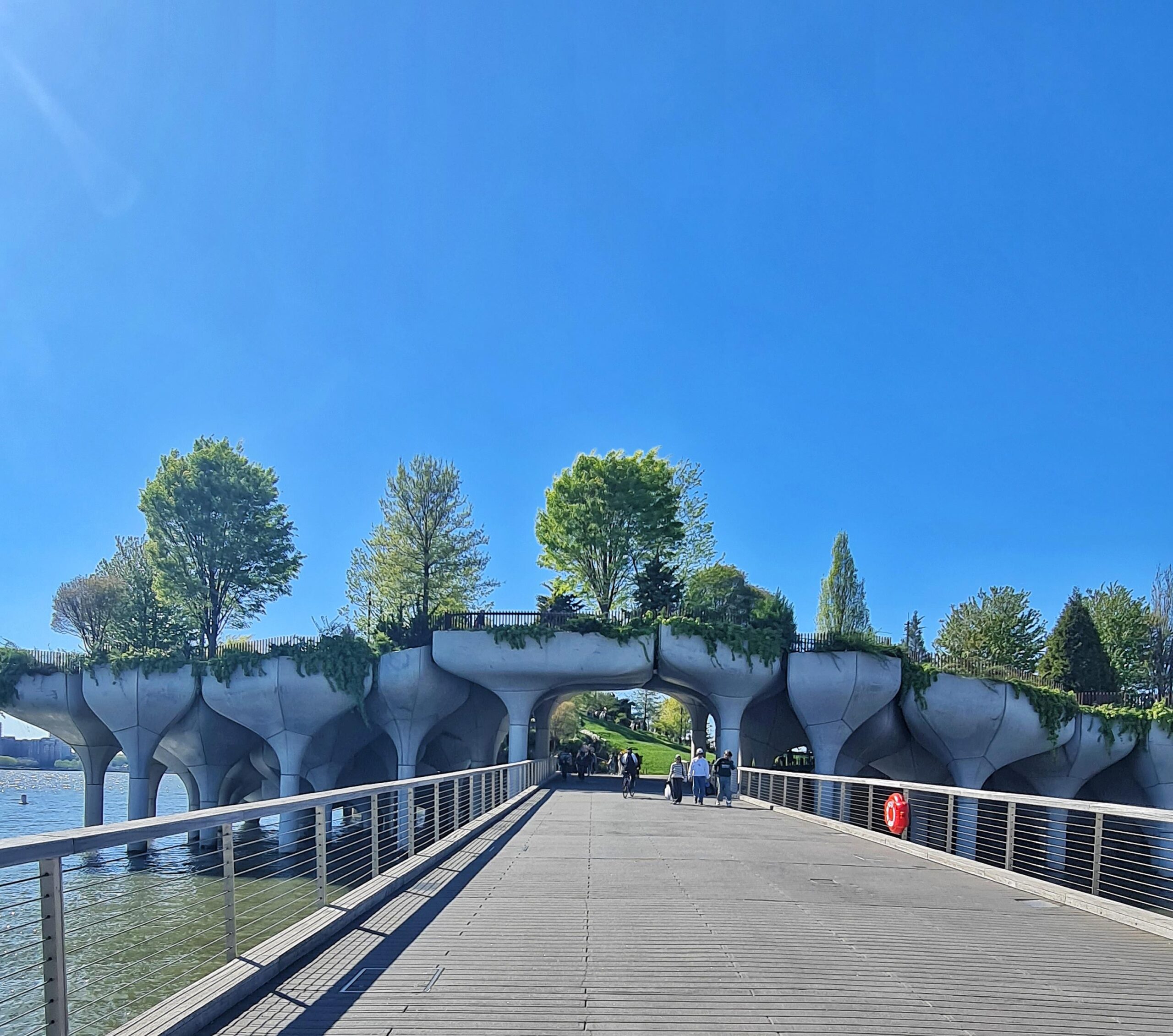View of Little Island park with unique architecture and Hudson River surroundings