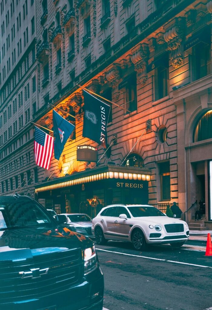 Entrance of the St. Regis New York hotel in midtown Manhattan