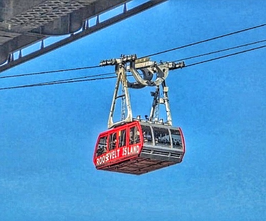 Close-up of Roosevelt Island Tramway cable car in New York
