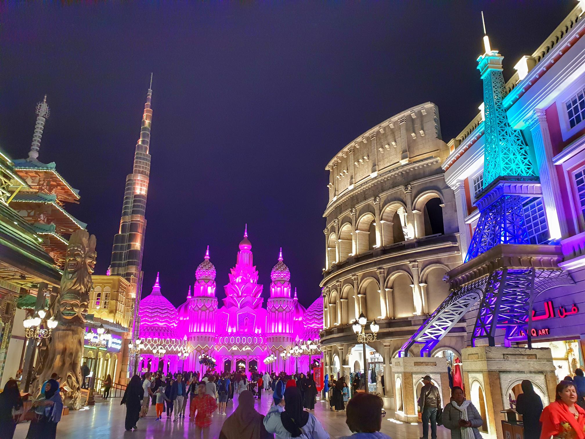 Colorful buildings and attractions at Global Village Dubai