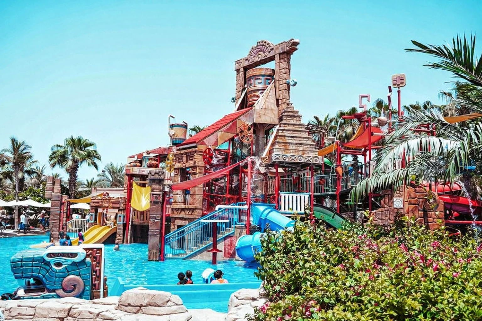 Pool area at Atlantis Aquaventure Waterpark with kids play structures and water attractions